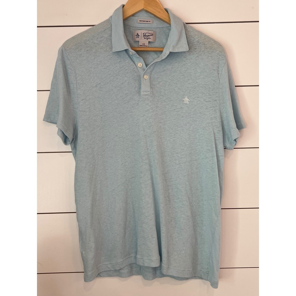 Original Penguin Heritage Polo Shirt Blue Linen Blend Mens L quiet luxury preppy